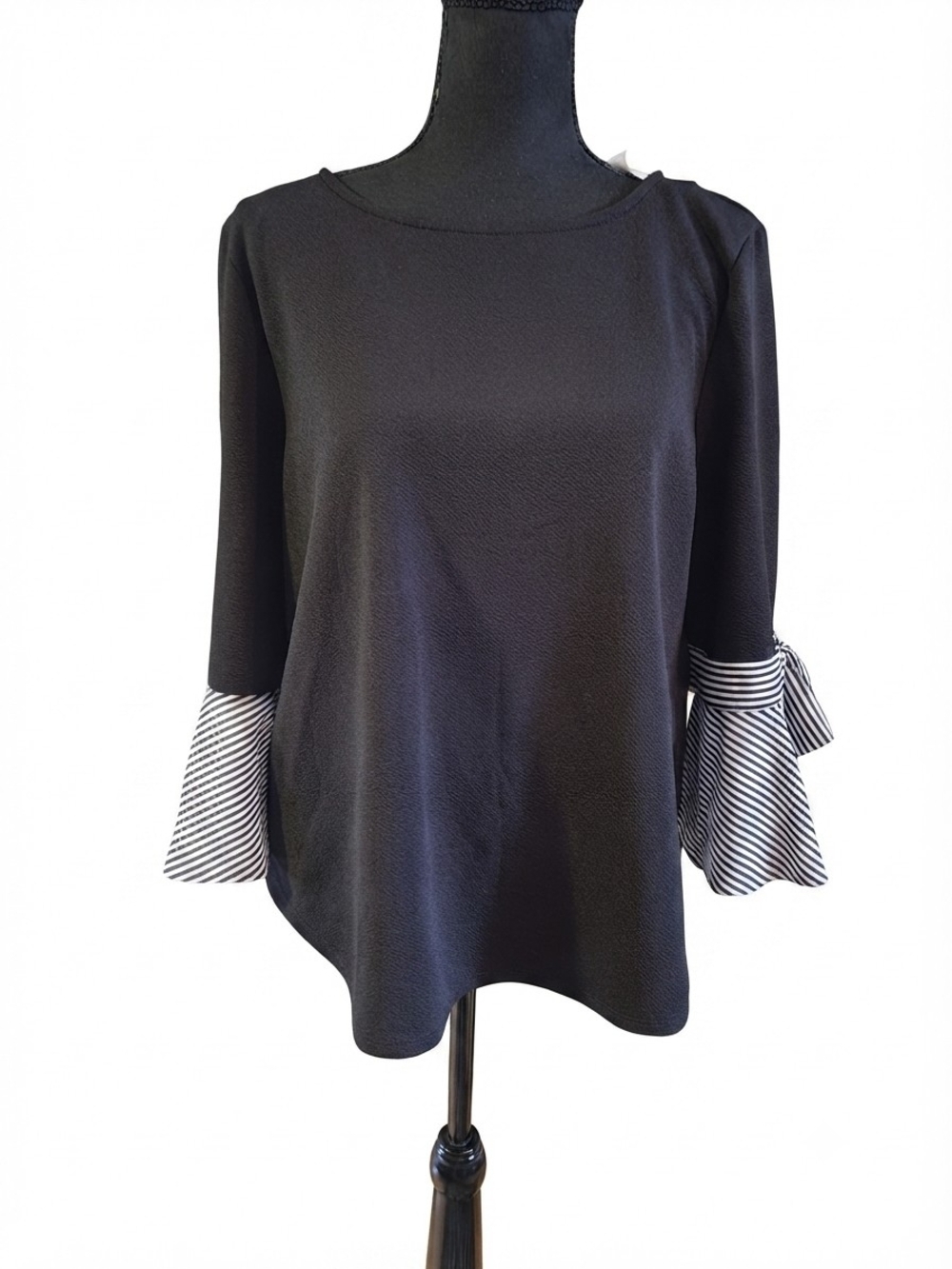Black Women's Bell-Sleeve Top with Striped Cuffs